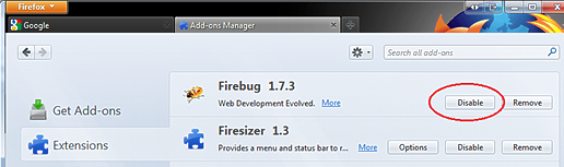 Firefox - disable Firebug from menu