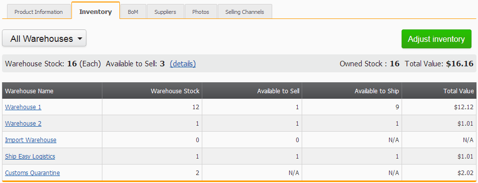 Screenshot Product Inventory Warehouse Summary