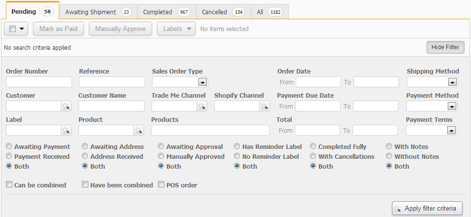 Screenshot Sales Orders List Search Filter