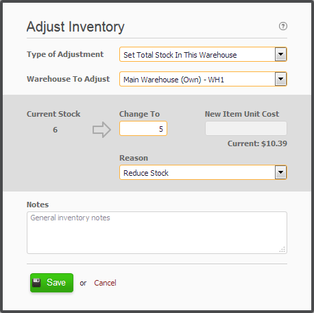 Screenshot Product Inventory Adjustment Dialogue
