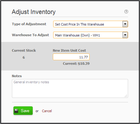 Screenshot Product Inventory Cost Price Adjustment