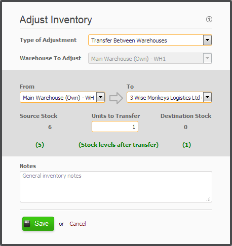 Screenshot Product Inventory Transfer Adjustment