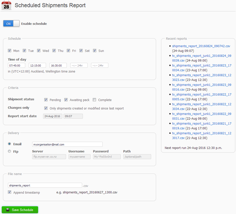 Screenshot Scheduled Shipments Report